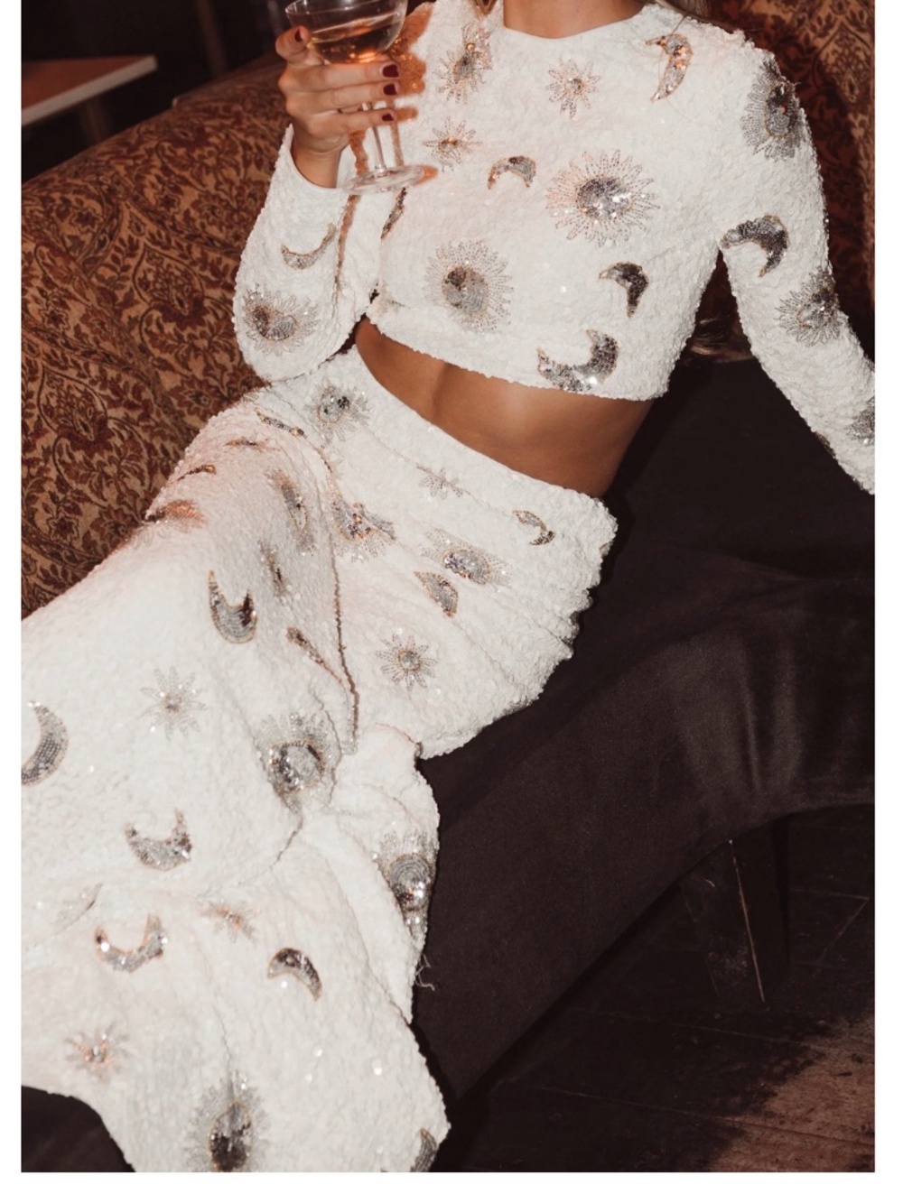 Show Me Your MuMu White Maxi Skirt with Silver Moon & Sun Embellishments